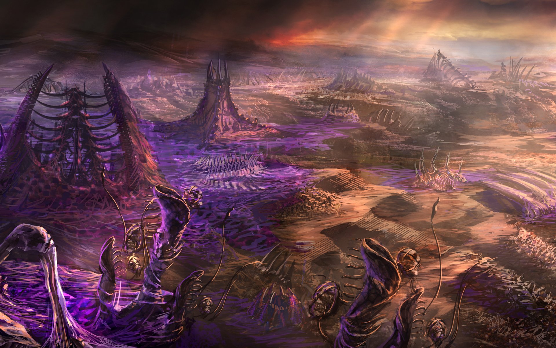 HD PC desktop wallpaper featuring a detailed, alien landscape from the video game Starcraft, with dramatic lighting and rugged terrain under a fiery sky.