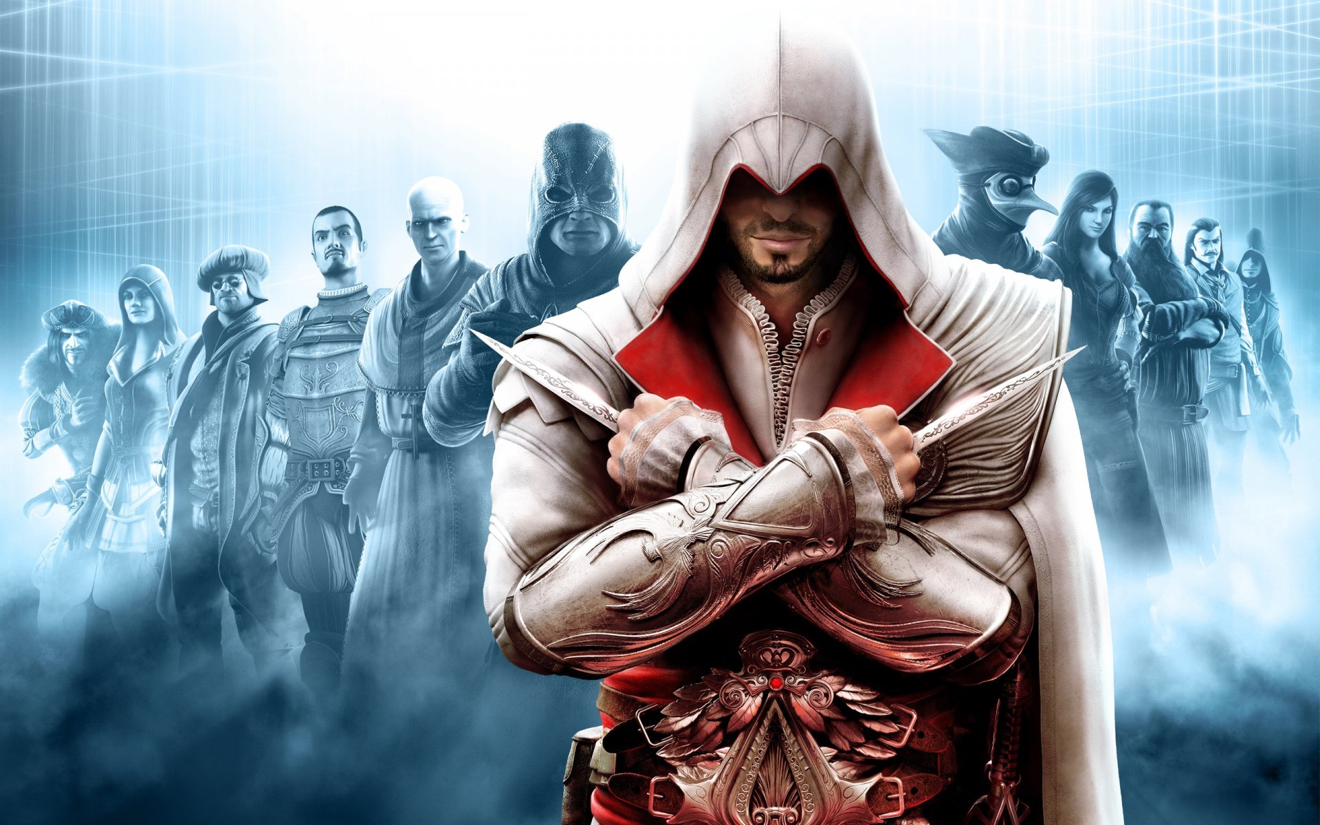 Ezio from Assassin's Creed stands confidently at the forefront, surrounded by allies and foes in this HD wallpaper from Assassin's Creed: Brotherhood.