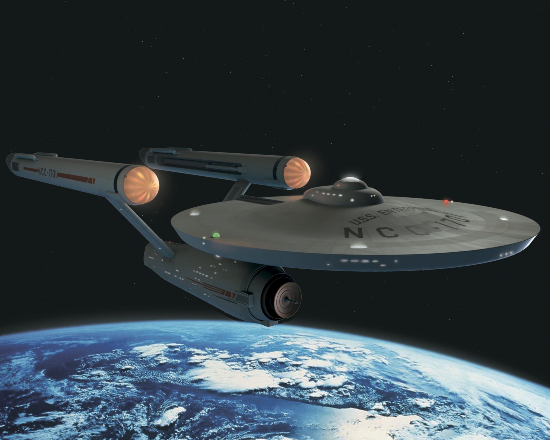 HD PC desktop wallpaper featuring a Star Trek sci-fi scene with the USS Enterprise spacecraft orbiting above a detailed Earth.