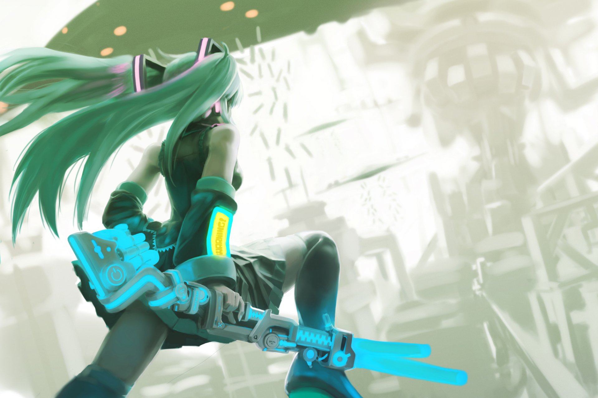 An HD PC desktop wallpaper featuring Hatsune Miku, the iconic Vocaloid anime character, wielding a glowing blue sword in a dynamic pose.