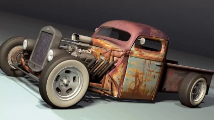 A rusty rat rod vehicle with a vintage aesthetic and powerful engine, set against a sleek background, making for an eye-catching HD desktop wallpaper.