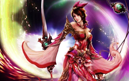 A dynamic fantasy scene featuring a woman warrior in elegant armor, wielding a sword. This vibrant HD wallpaper showcases her strength and determination amidst a swirling colorful background.