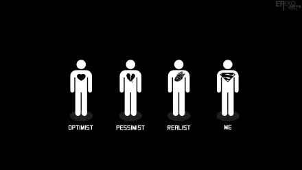 HD desktop wallpaper featuring funny stick figures labeled Optimist, Pessimist, Realist, and Me, each with different heart designs reflecting optimism and pessimism.