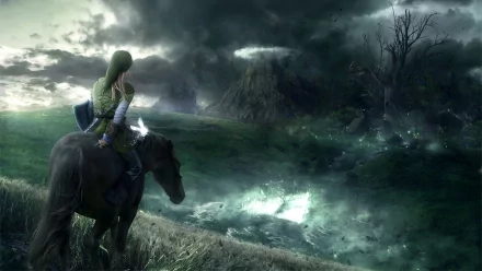 A stunning HD wallpaper featuring a character from The Legend of Zelda, riding a horse towards a mysterious, stormy landscape with eerie lights and dark, swirling clouds.