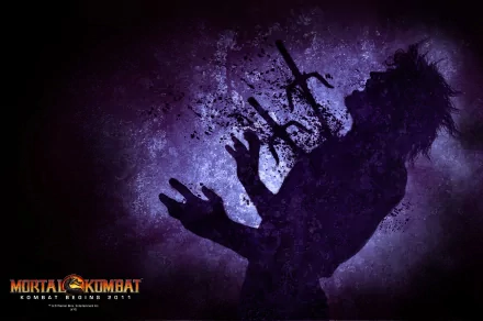 A dramatic 4K Ultra HD wallpaper featuring a shadowy figure from the Mortal Kombat video game series, set against a captivating purple background.