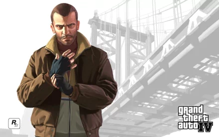 A high-definition desktop wallpaper featuring a character from the video game Grand Theft Auto IV, set against a backdrop of a bridge.