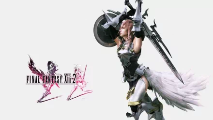 HD PC desktop wallpaper featuring Claire Farron from the video game Final Fantasy XIII-2, showcasing her dynamic pose and detailed costume against a white background.