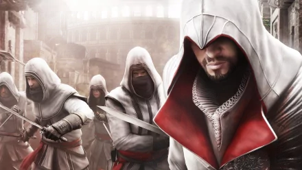 Ezio from Assassin's Creed: Brotherhood leads a group of assassins in a captivating HD PC wallpaper, capturing the essence of the iconic video game series.