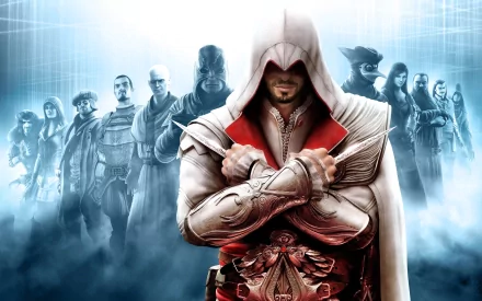 Ezio from Assassin's Creed stands confidently at the forefront, surrounded by allies and foes in this HD wallpaper from Assassin's Creed: Brotherhood.