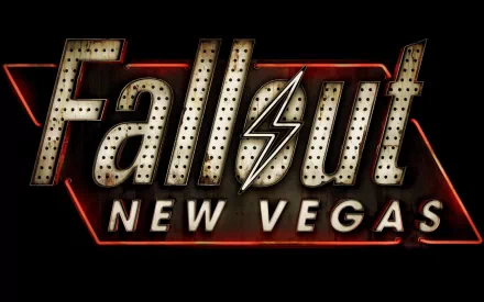 HD PC desktop wallpaper featuring the Fallout: New Vegas logo from the video game Fallout, with a bold, metallic design and red neon accents.