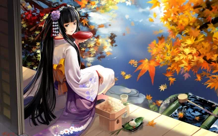 Anime geisha sits on a veranda beside a tranquil pond surrounded by autumn leaves. Vibrant and detailed, the image makes a stunning HD desktop wallpaper and background.