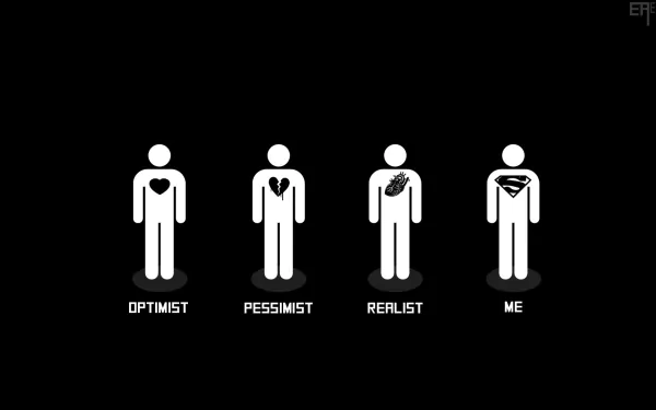 HD desktop wallpaper featuring funny stick figures labeled Optimist, Pessimist, Realist, and Me, each with different heart designs reflecting optimism and pessimism.