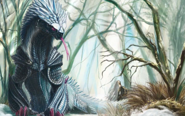 A majestic fantasy creature with scales and armor sits in a misty forest, contrasting with a distant figure among the trees. This HD PC desktop wallpaper immerses viewers in a magical world.