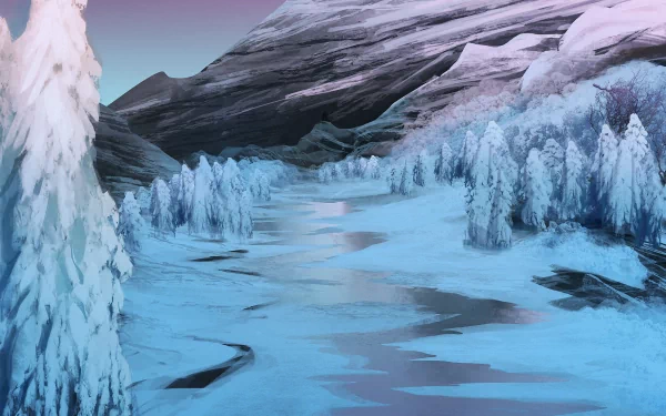 HD digital painting of a winter river landscape with icy water, snow-covered trees, and rugged mountains under a clear sky, capturing serene natural beauty.