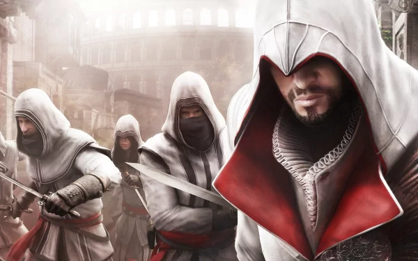 Ezio from Assassin's Creed: Brotherhood leads a group of assassins in a captivating HD PC wallpaper, capturing the essence of the iconic video game series.