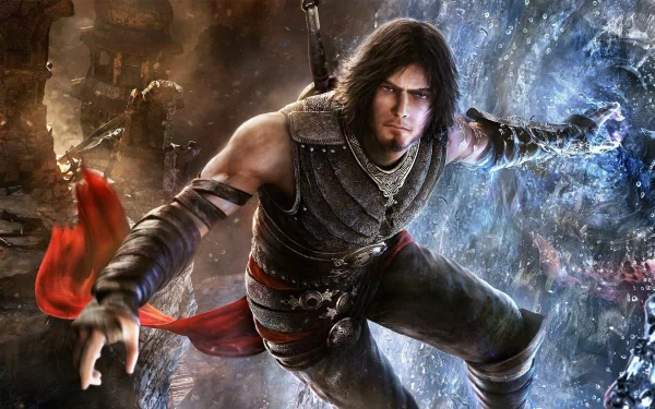 HD PC desktop wallpaper featuring the Prince from the video game Prince of Persia: The Forgotten Sands in dynamic action with mystical and fiery effects.