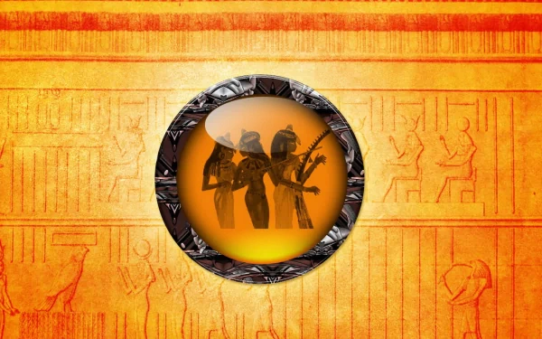 HD PC desktop wallpaper featuring artistic Egyptian silhouettes in gold tones, set against a textured background with traditional Egyptian motifs.