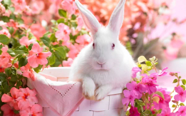 A cute white bunny sits among vibrant pink flowers, framed by a basket and soft pink cloth, creating a charming and colorful HD desktop wallpaper.