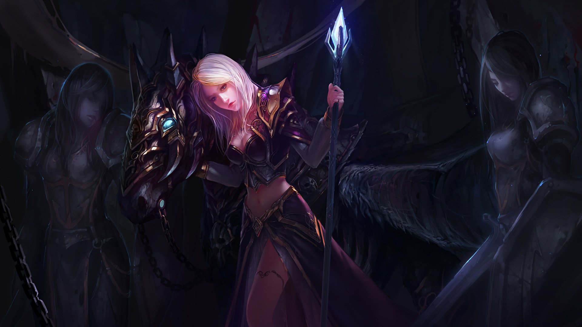 A striking HD desktop wallpaper featuring a character from World of Warcraft, exuding dark magic and power, with a dramatic backdrop of shadowy figures and ominous tones.