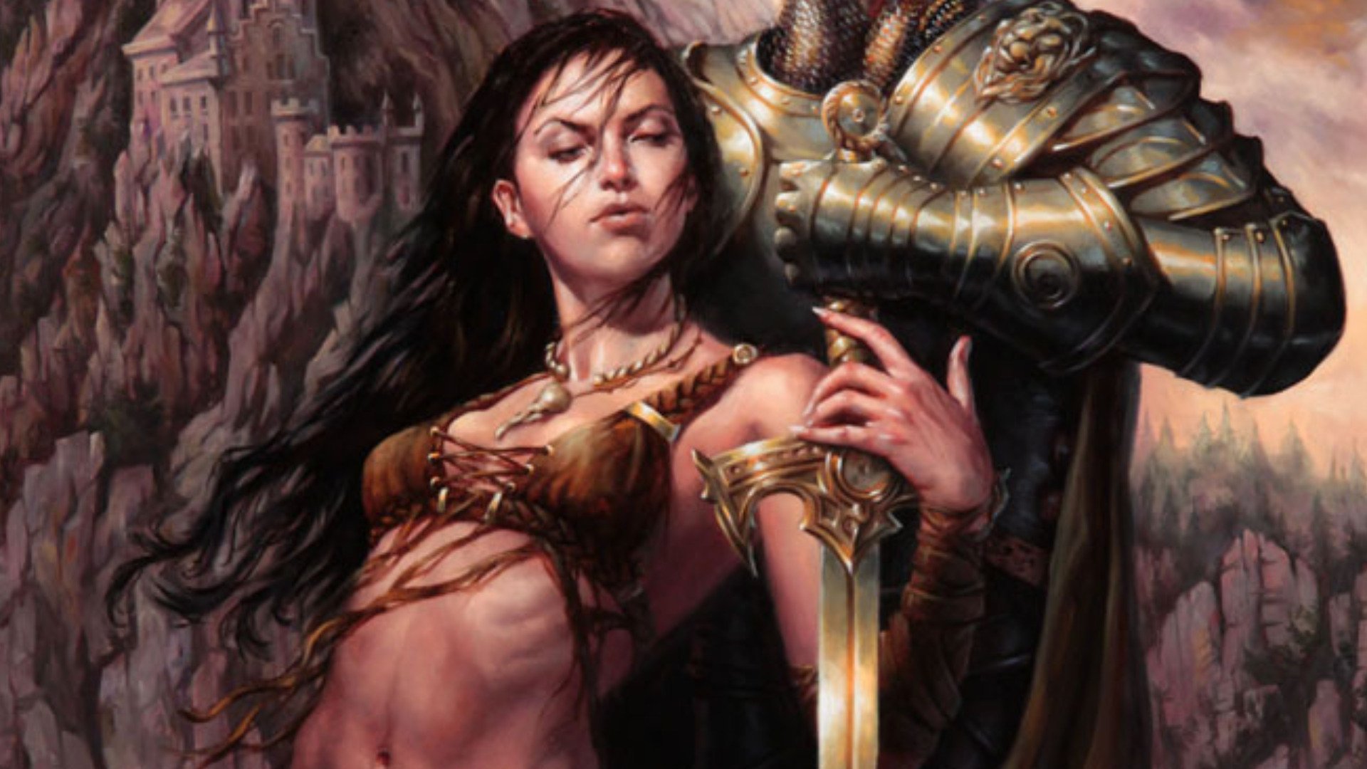 A fierce woman warrior stands confidently, adorned in warrior attire, with a medieval armored figure behind her, set against a dramatic fantasy landscape. HD wallpaper for a bold backdrop.