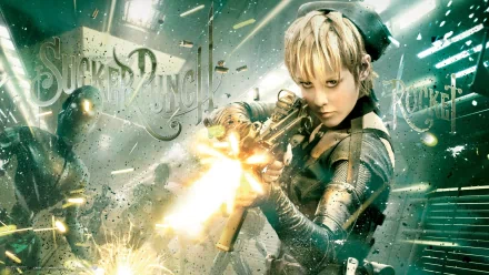 HD PC desktop wallpaper: blonde costumed character from Sucker Punch firing a rocket-propelled gun amid explosions and flying debris.