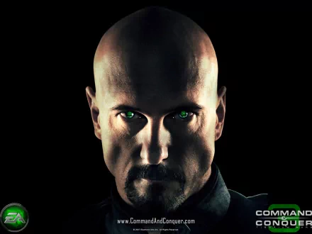 A dramatic HD wallpaper featuring a bald man with intense green eyes, embodying the fierce atmosphere of Command & Conquer 3: Tiberium Wars.