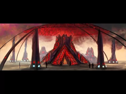 HD PC desktop wallpaper featuring a fiery, futuristic base in a Command & Conquer video game setting with towering red-lit structures under a dramatic sky.