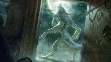 HD desktop wallpaper and background of a dark, eerie scene featuring a werewolf illuminated by the moon, standing at the entrance of a creepy, old house.
