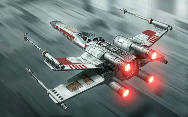 HD desktop wallpaper featuring a detailed X-Wing starfighter from Star Wars, set against a dynamic sci-fi backdrop. The starship is seen speeding through a futuristic environment.
