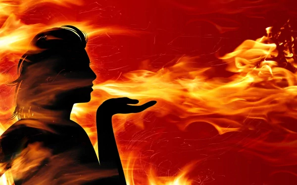 An artistic HD desktop wallpaper depicting a silhouette of a person with flowing flames background, creating an intense and mesmerizing fiery scene.