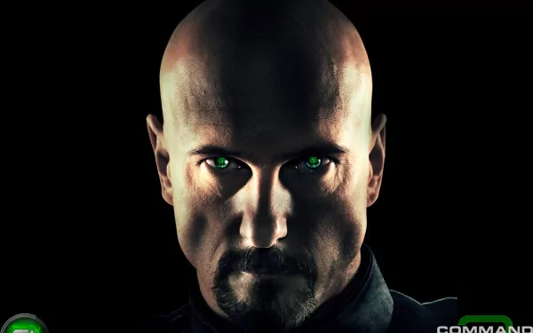 A dramatic HD wallpaper featuring a bald man with intense green eyes, embodying the fierce atmosphere of Command & Conquer 3: Tiberium Wars.