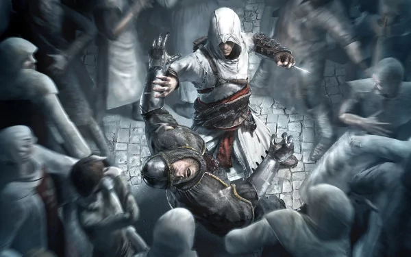 HD desktop wallpaper featuring an intense moment from the video game Assassin's Creed, depicting an assassin subduing an armored opponent amid a crowd.