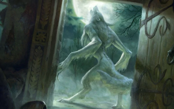 HD desktop wallpaper and background of a dark, eerie scene featuring a werewolf illuminated by the moon, standing at the entrance of a creepy, old house.