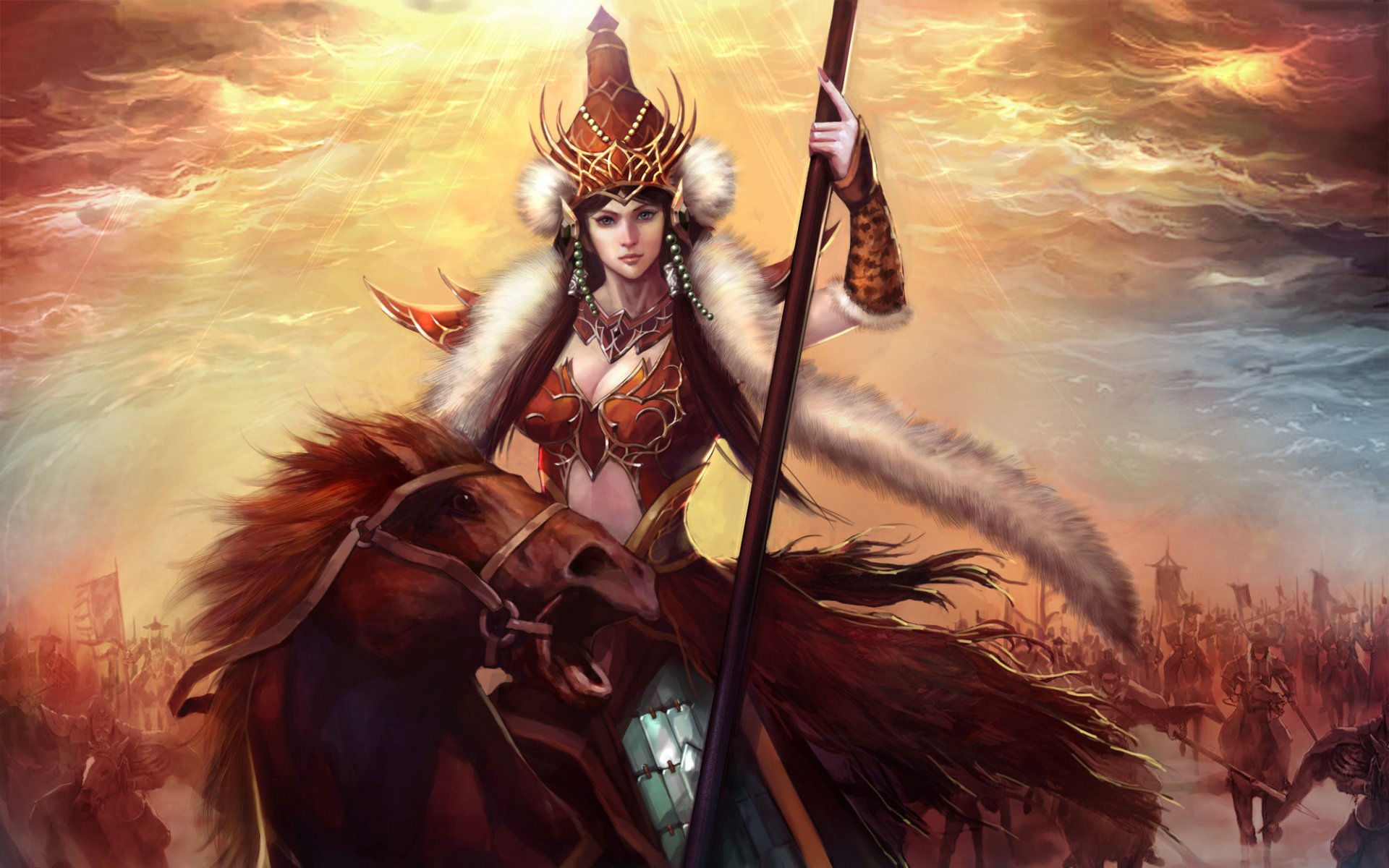 A fierce woman warrior stands confidently, clad in ornate armor, wielding a spear against a dramatic sky, embodying strength and adventure in this fantasy-themed HD desktop wallpaper.