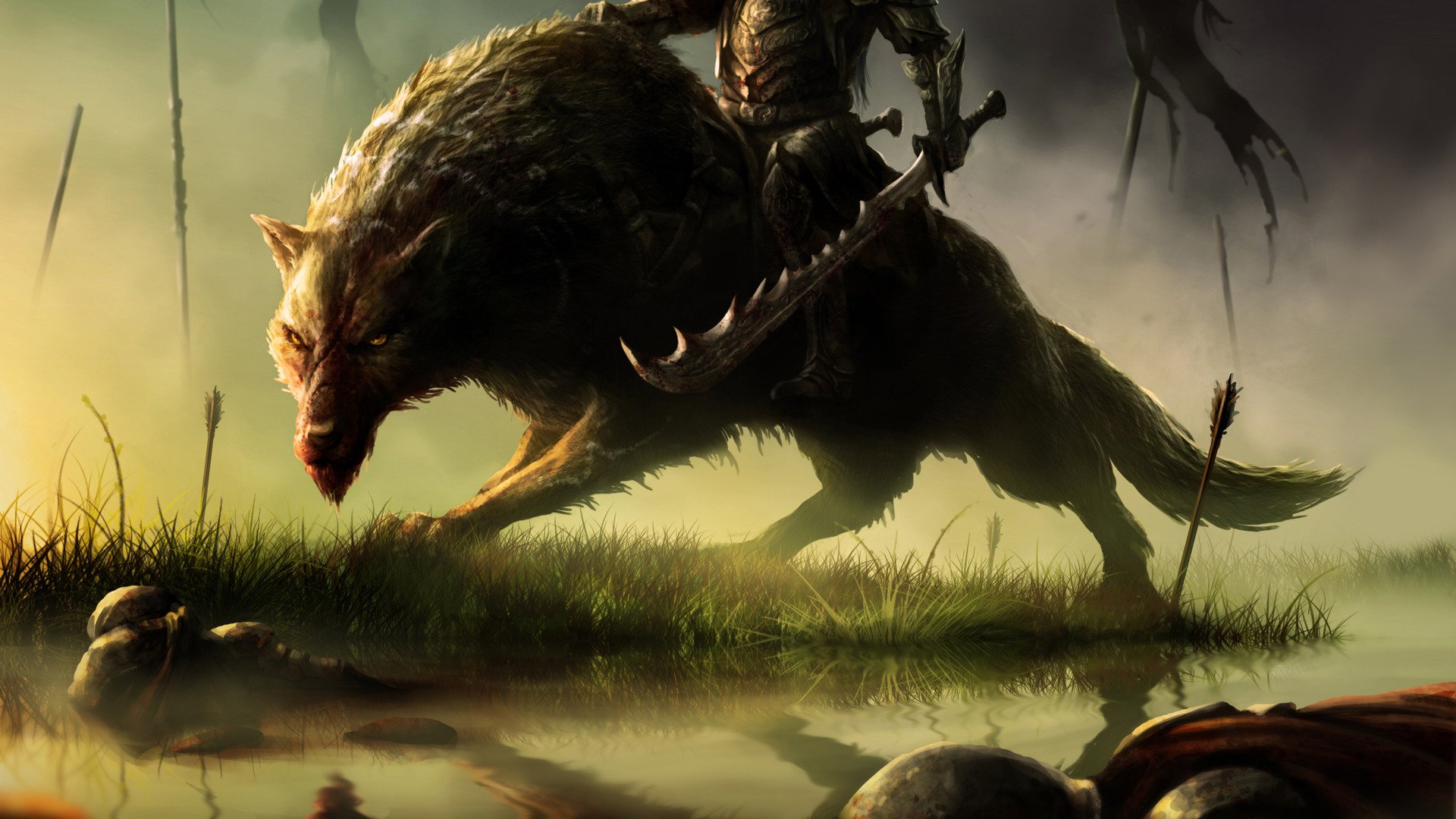 Dark warrior astride a massive wolf-like beast, blade raised over a misty marsh at dusk — dramatic HD PC desktop wallpaper background with arrows, fallen armor and haunting reflection.