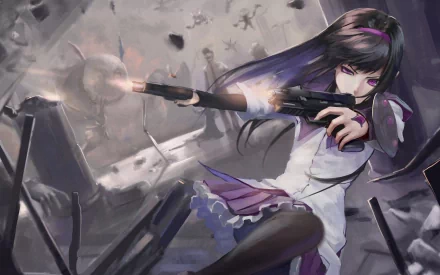 Homura Akemi from Puella Magi Madoka Magica is depicted in this dynamic HD anime wallpaper, showcasing her in action with dual guns amidst a chaotic backdrop.