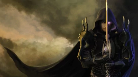 A fantasy warrior stands confidently, clad in dark armor, wielding a sword against a dramatic backdrop of swirling clouds. An evocative HD wallpaper for any fantasy enthusiast.