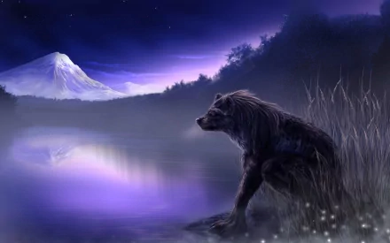 HD desktop wallpaper featuring a dark werewolf by a tranquil lake under a starry night sky, with a snow-capped mountain in the background.