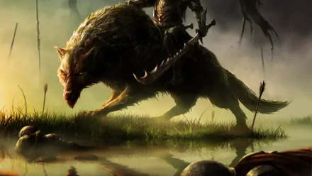 Dark warrior astride a massive wolf-like beast, blade raised over a misty marsh at dusk — dramatic HD PC desktop wallpaper background with arrows, fallen armor and haunting reflection.