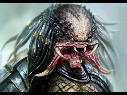 HD desktop wallpaper and background featuring a detailed, fearsome Predator from the Sci-Fi genre with a menacing expression and intricate armor.