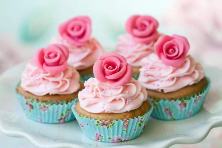 A delightful display of pink frosted cupcakes topped with rose decorations, set against a soft, pastel background. This vibrant image makes a charming 4K Ultra HD desktop wallpaper.