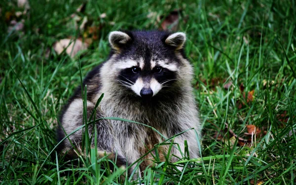 2K Quad HD PC desktop wallpaper of a raccoon sitting in green grass, facing the camera with a masked face and bushy fur.