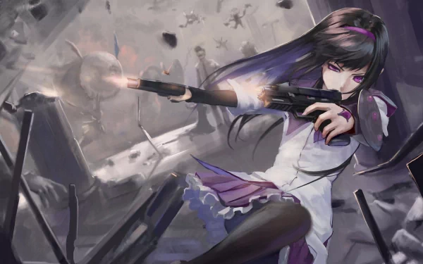 Homura Akemi from Puella Magi Madoka Magica is depicted in this dynamic HD anime wallpaper, showcasing her in action with dual guns amidst a chaotic backdrop.