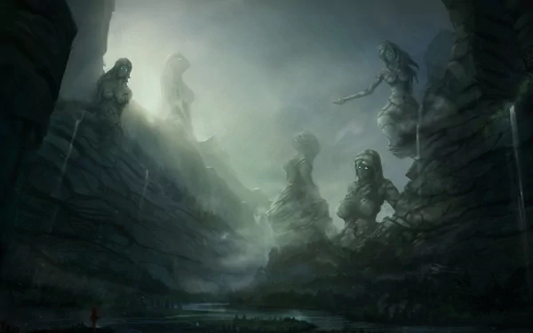 A captivating fantasy landscape featuring towering stone figures shrouded in mist, set against a dramatic, moody sky. This HD PC desktop wallpaper creates an immersive visual experience.