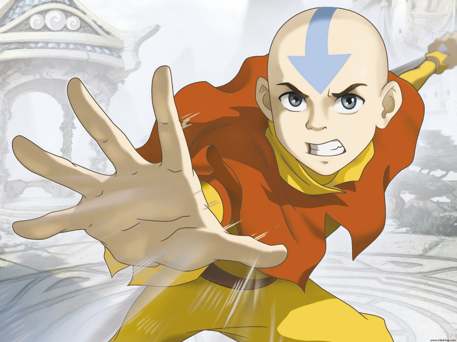 Aang, the protagonist of Avatar, stands confidently in a vibrant high-definition desktop wallpaper.