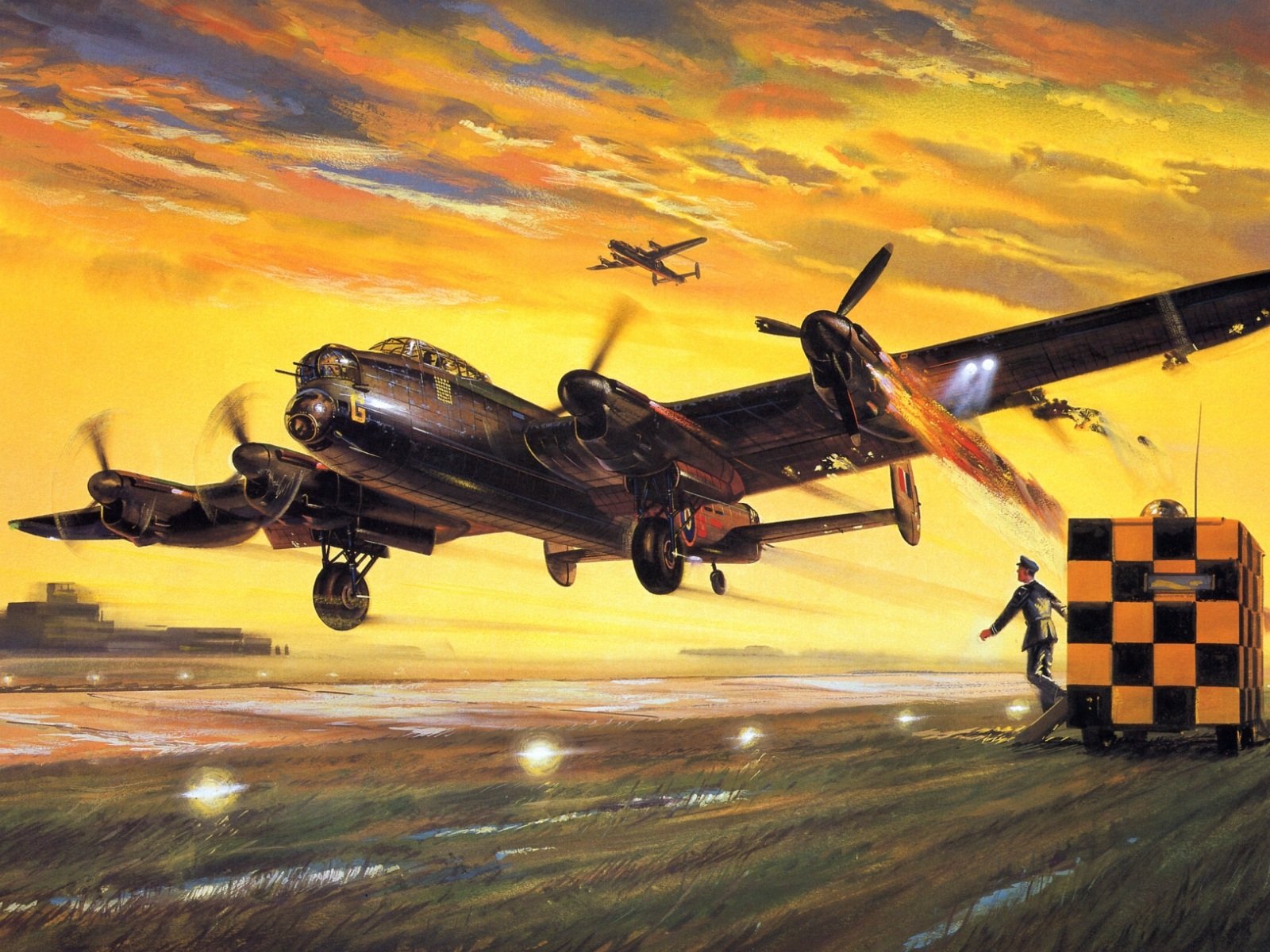 HD PC desktop wallpaper showing a military aircraft taking off at sunset, with another plane flying in the background and a crew member signaling on the runway.