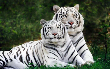 Two majestic white tigers relaxing on a grassy area with lush green foliage in the background, showcased in a high-definition desktop wallpaper.