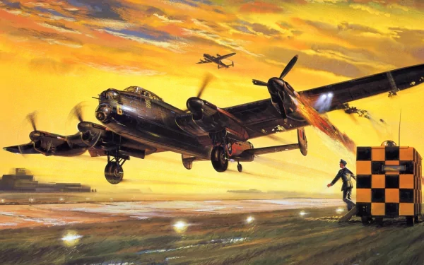 HD PC desktop wallpaper showing a military aircraft taking off at sunset, with another plane flying in the background and a crew member signaling on the runway.