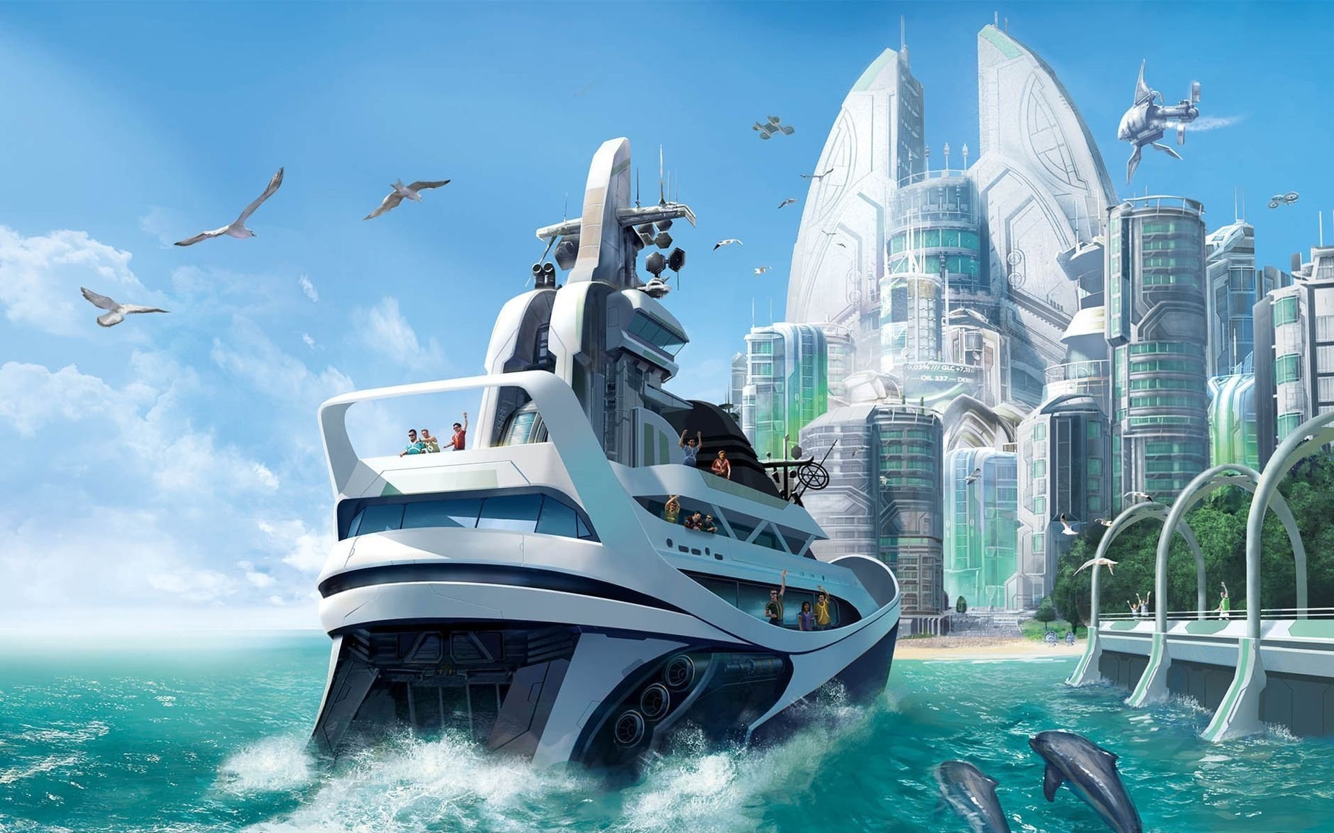 HD PC wallpaper from the video game Anno: a sleek futuristic yacht sails turquoise waters toward a gleaming sci‑fi city, dolphins and seagulls beneath a bright blue sky.
