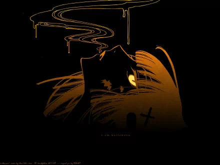 HD wallpaper inspired by Halloween themes from the anime xxxHOLiC, featuring a silhouette with flowing hair and a mysterious, smoky atmosphere against a dark background.